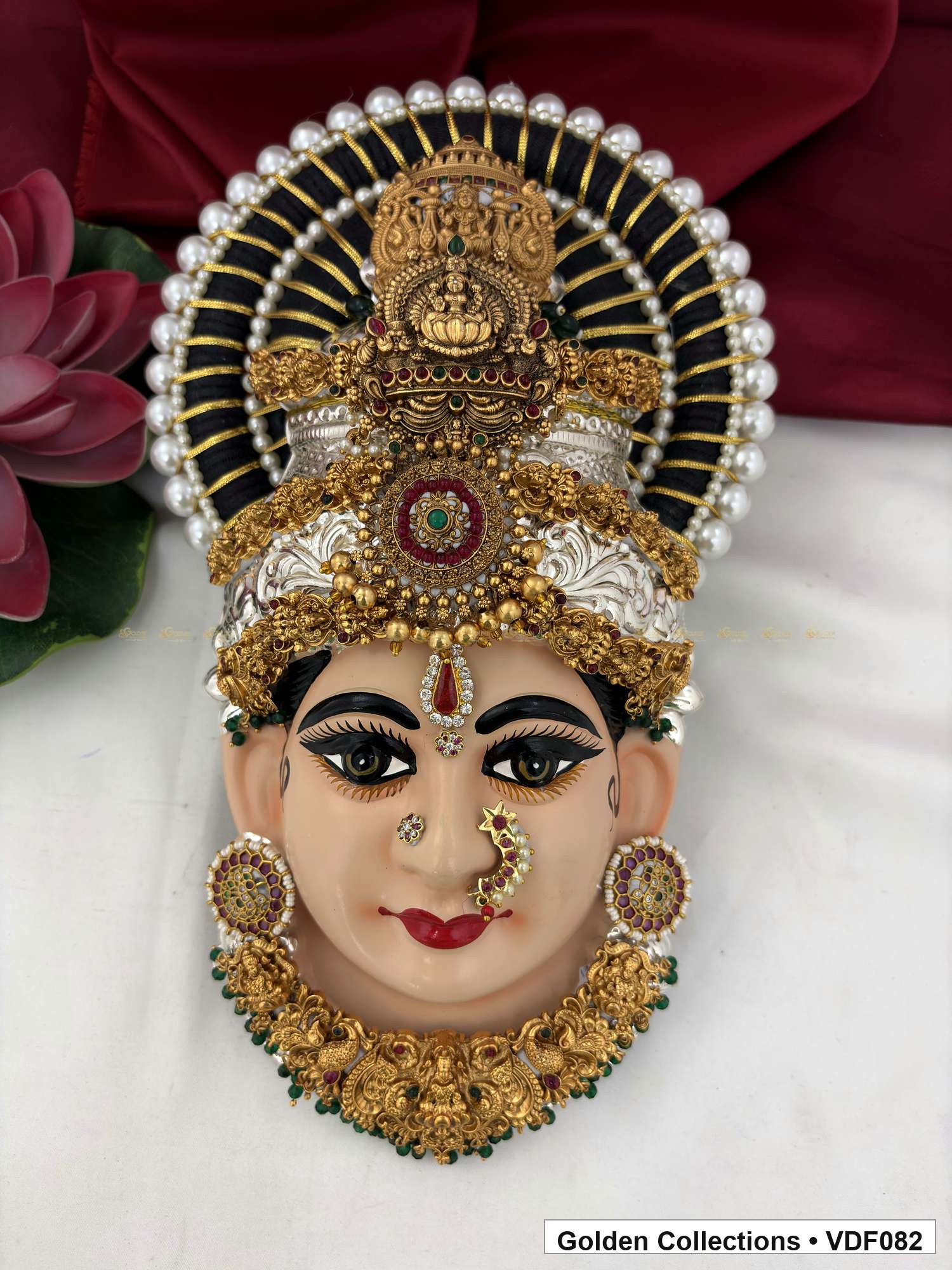Varalakshmi Tanjore Face with Red Centre Crown and Green Fringe Necklace full front view