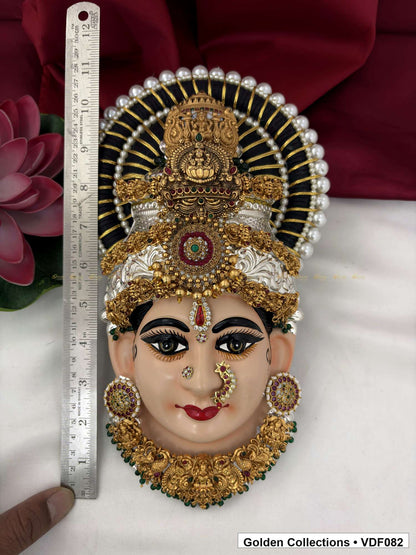 Varalakshmi Tanjore Face with Red Centre Crown and Green Fringe Necklace close-up detail view