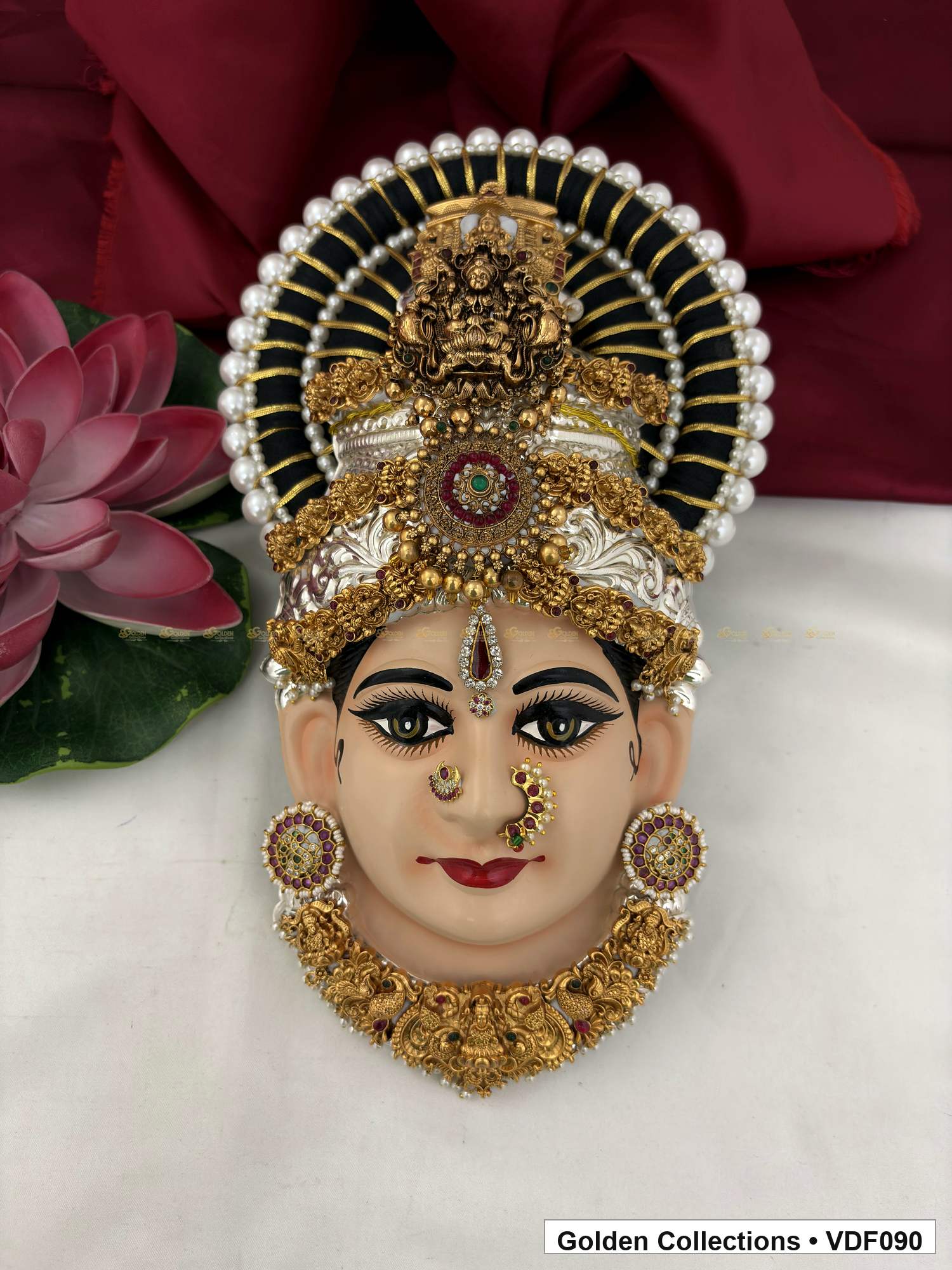 Varalakshmi Tanjore Face with Red Circular Crown Detail and Short Necklace full front view
