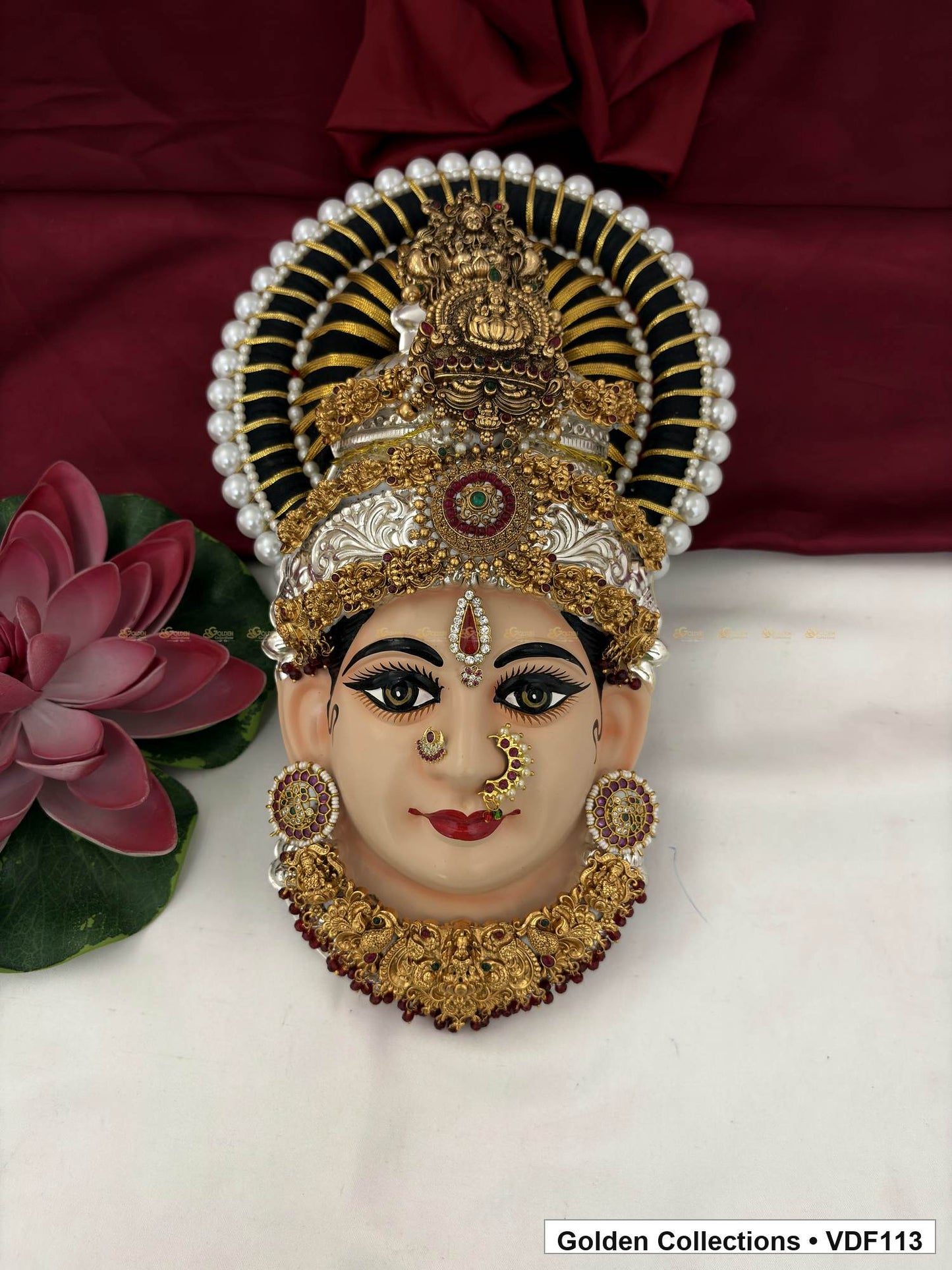 Varalakshmi Tanjore Face with Red-Green Centre Crown and Maroon Fringe Necklace full front view