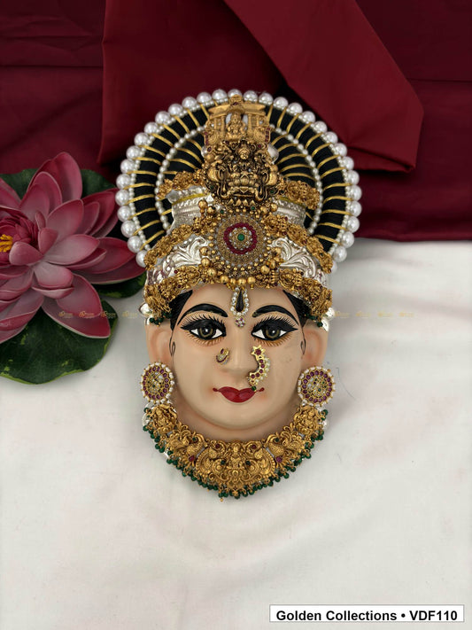 Varalakshmi Tanjore Face with Red-Green Medallion Crown and Green Fringe Necklace full front view