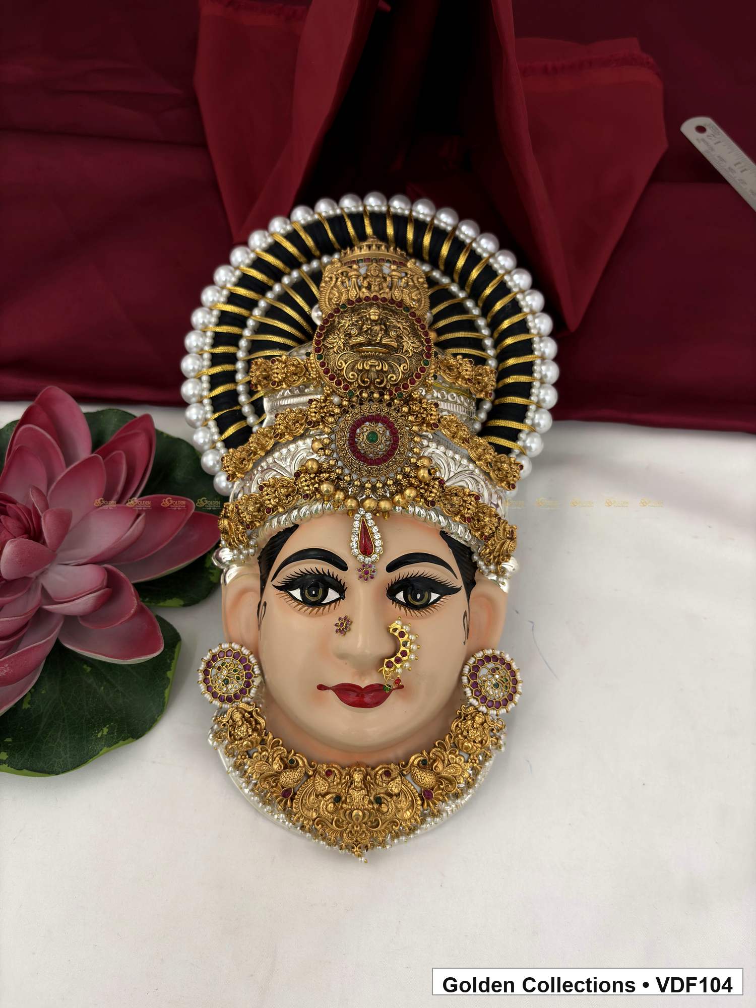 Varalakshmi Tanjore Face with Red Medallion Crown and Short Temple Necklace full front view