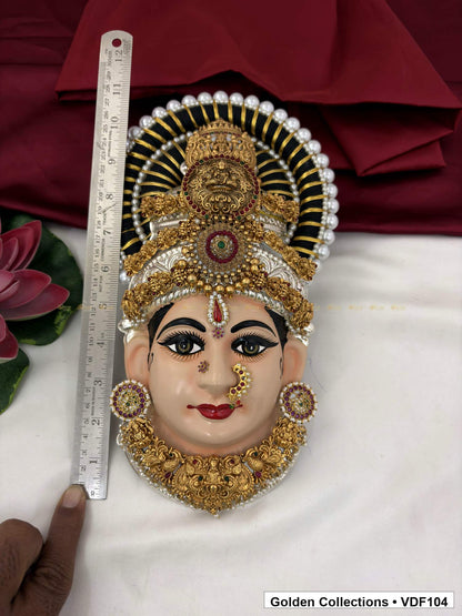 Varalakshmi Tanjore Face with Red Medallion Crown and Short Temple Necklace close-up detail view