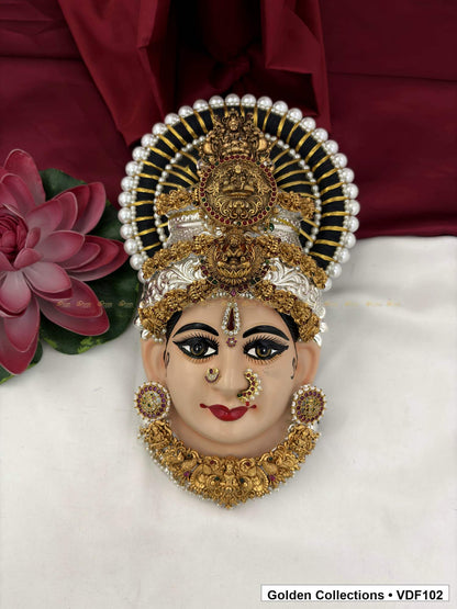 Varalakshmi Tanjore Face with Round Medallion Crown and Green Fringe Necklace full front view