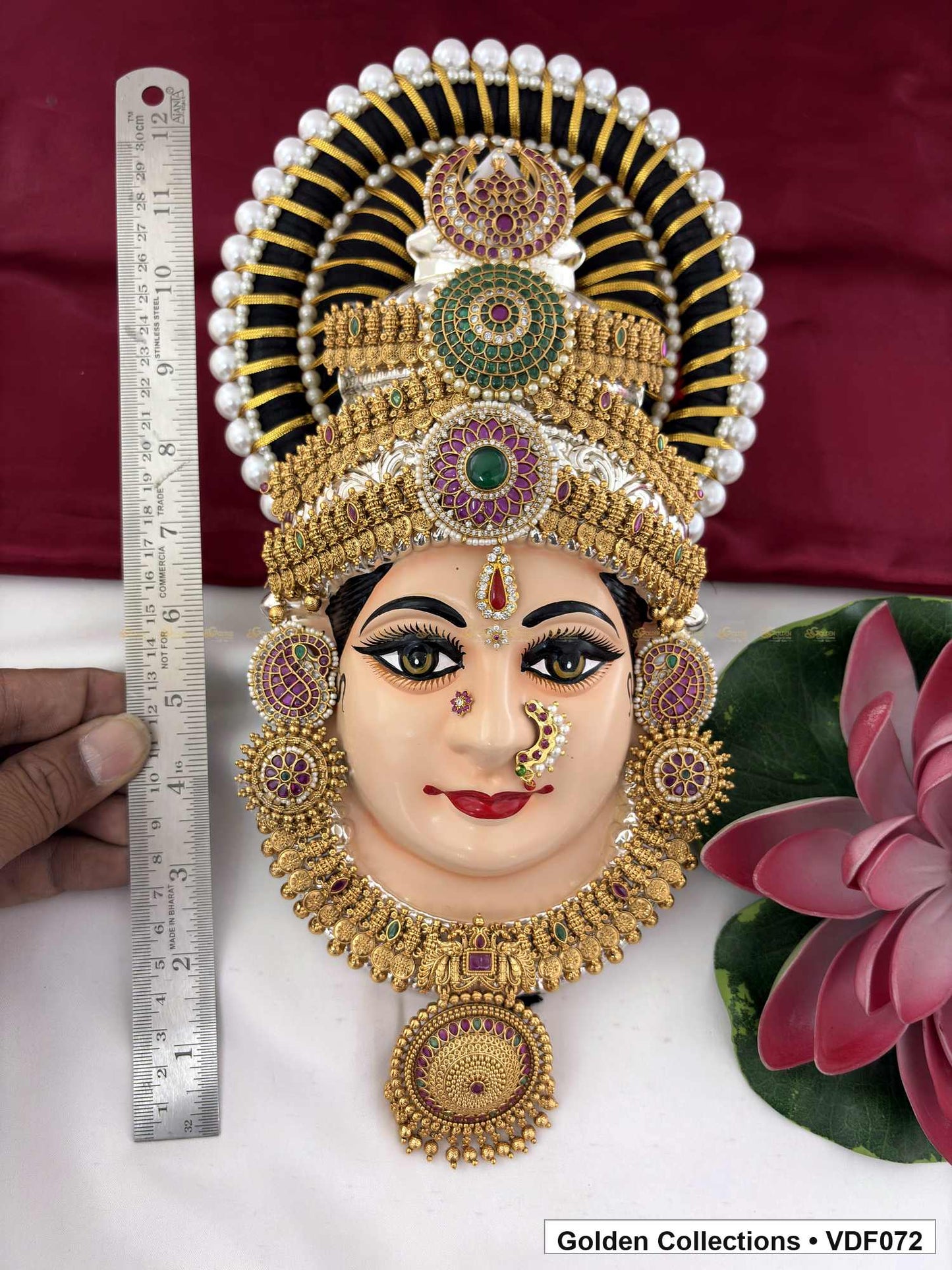 Varalakshmi Tanjore Face with Round Stone Crown and Disc Pendant 12 Inches close-up showing face, crown and jewellery details