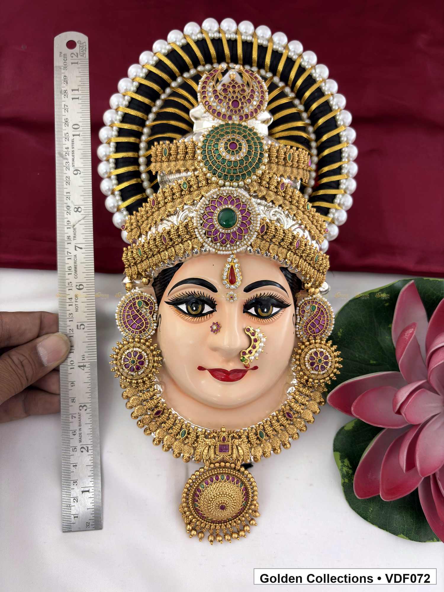 Varalakshmi Tanjore Face with Round Stone Crown and Disc Pendant 12 Inches close-up showing face, crown and jewellery details