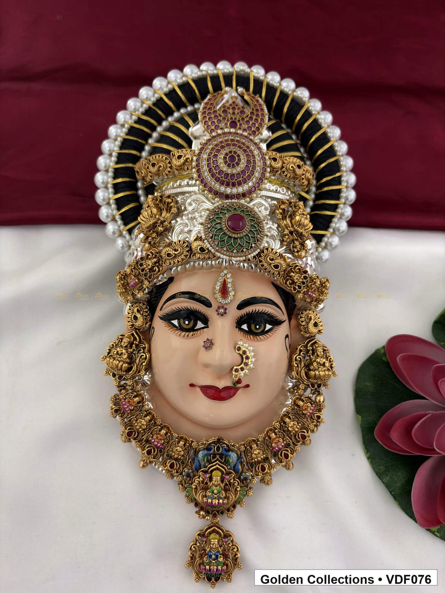 Varalakshmi Tanjore Face with Ruby-Green Stone Crown and Double Pendant 12 Inches full front view for Varalakshmi alankaram