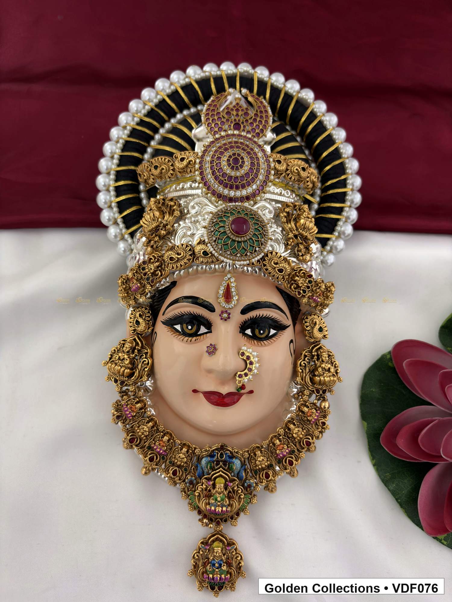 Varalakshmi Tanjore Face with Ruby-Green Stone Crown and Double Pendant 12 Inches full front view for Varalakshmi alankaram