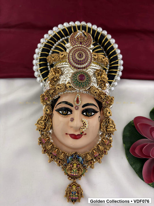 Varalakshmi Tanjore Face with Ruby-Green Stone Crown and Double Pendant 12 Inches full front view for Varalakshmi alankaram
