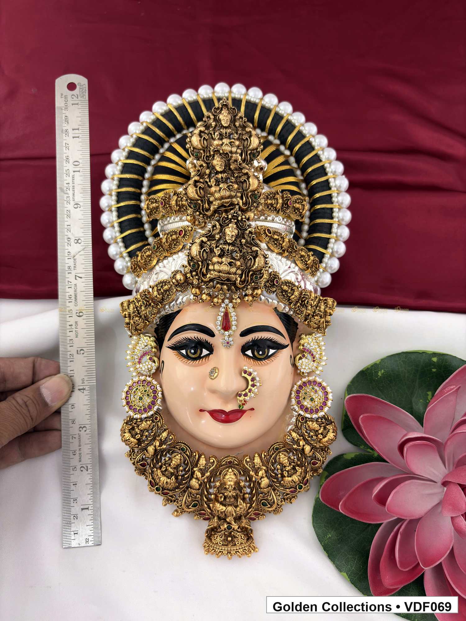 Varalakshmi Tanjore Face with Sculpted Crown and Pendant 12 Inches close-up showing face, crown and jewellery details