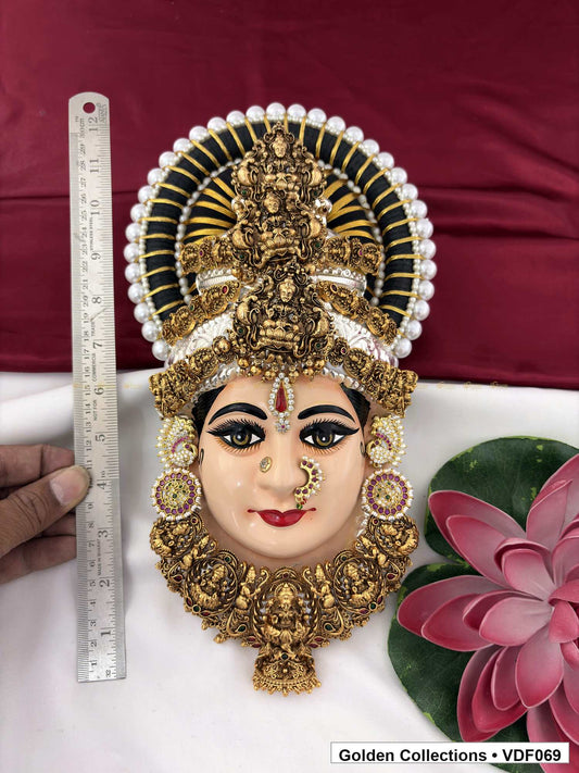 Varalakshmi Tanjore Face with Sculpted Crown and Pendant 12 Inches close-up showing face, crown and jewellery details