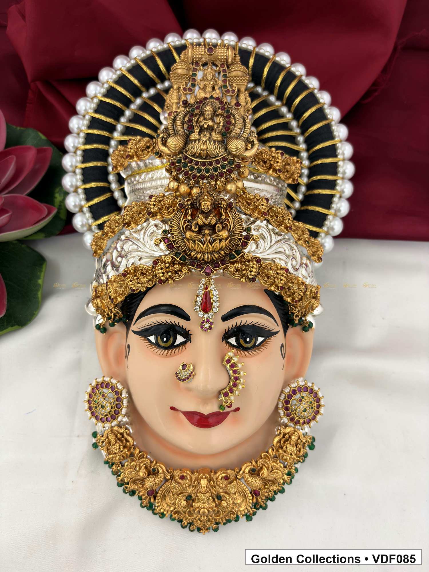 Varalakshmi Tanjore Face with Sculpted Double Crown and Green Fringe Necklace full front view