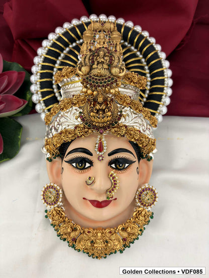Varalakshmi Tanjore Face with Sculpted Double Crown and Green Fringe Necklace full front view