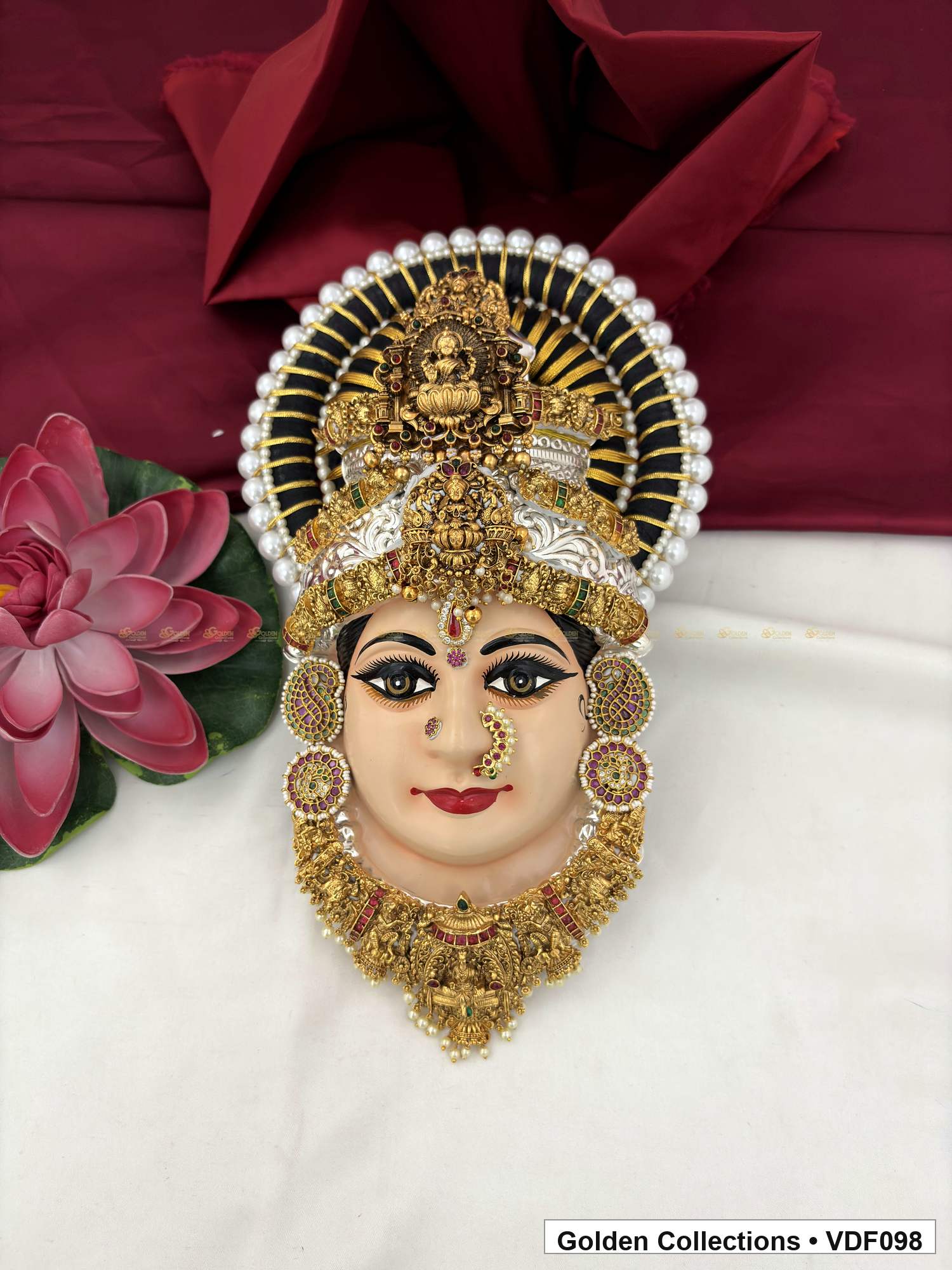 Varalakshmi Tanjore Face with Sculpted Figure Crown and Red-Green Necklace full front view
