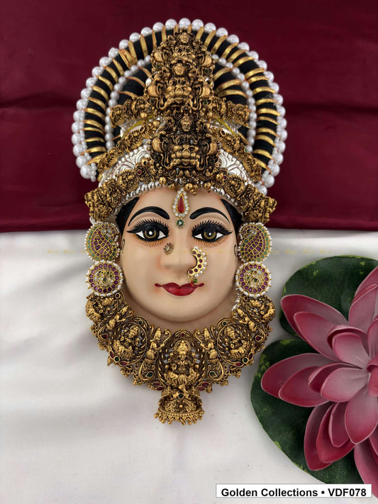 Varalakshmi Tanjore Face with Sculpted Gold-Tone Crown and Pendant 12 Inches full front view for Varalakshmi alankaram