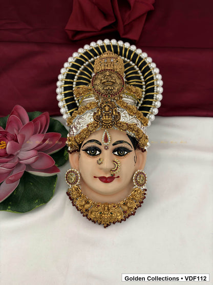 Varalakshmi Tanjore Face with Stacked Medallion Crown and Broad Sculpted Necklace full front view