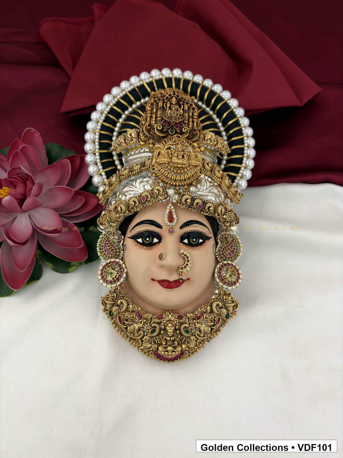 Varalakshmi Tanjore Face with Tall Circular Crown and Red-Green Necklace full front view