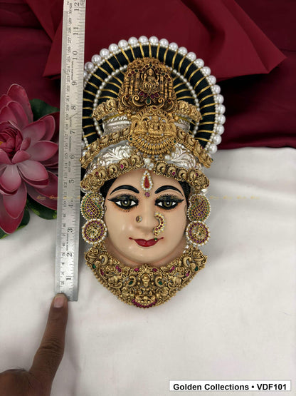 Varalakshmi Tanjore Face with Tall Circular Crown and Red-Green Necklace close-up detail view