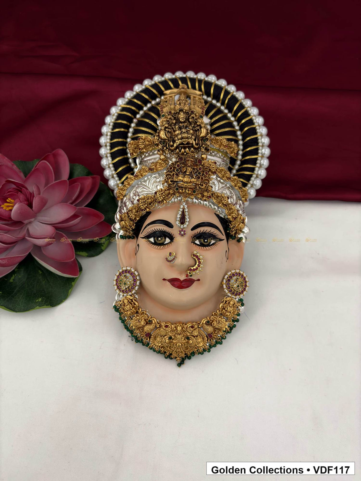 Varalakshmi Tanjore Face with Tall Figure Crown and Green Bead Fringe Necklace full front view