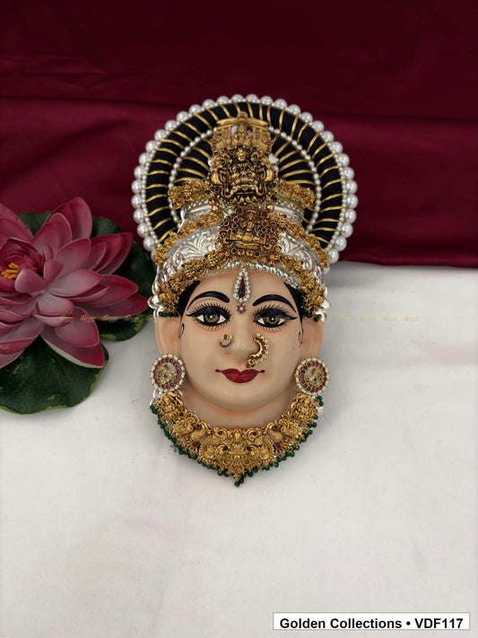 Varalakshmi Tanjore Face with Tall Figure Crown and Green Bead Fringe Necklace full front view