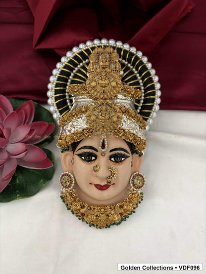 Varalakshmi Tanjore Face with Tall Rectangular Crown and Green Fringe Necklace full front view