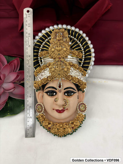 Varalakshmi Tanjore Face with Tall Rectangular Crown and Green Fringe Necklace close-up detail view