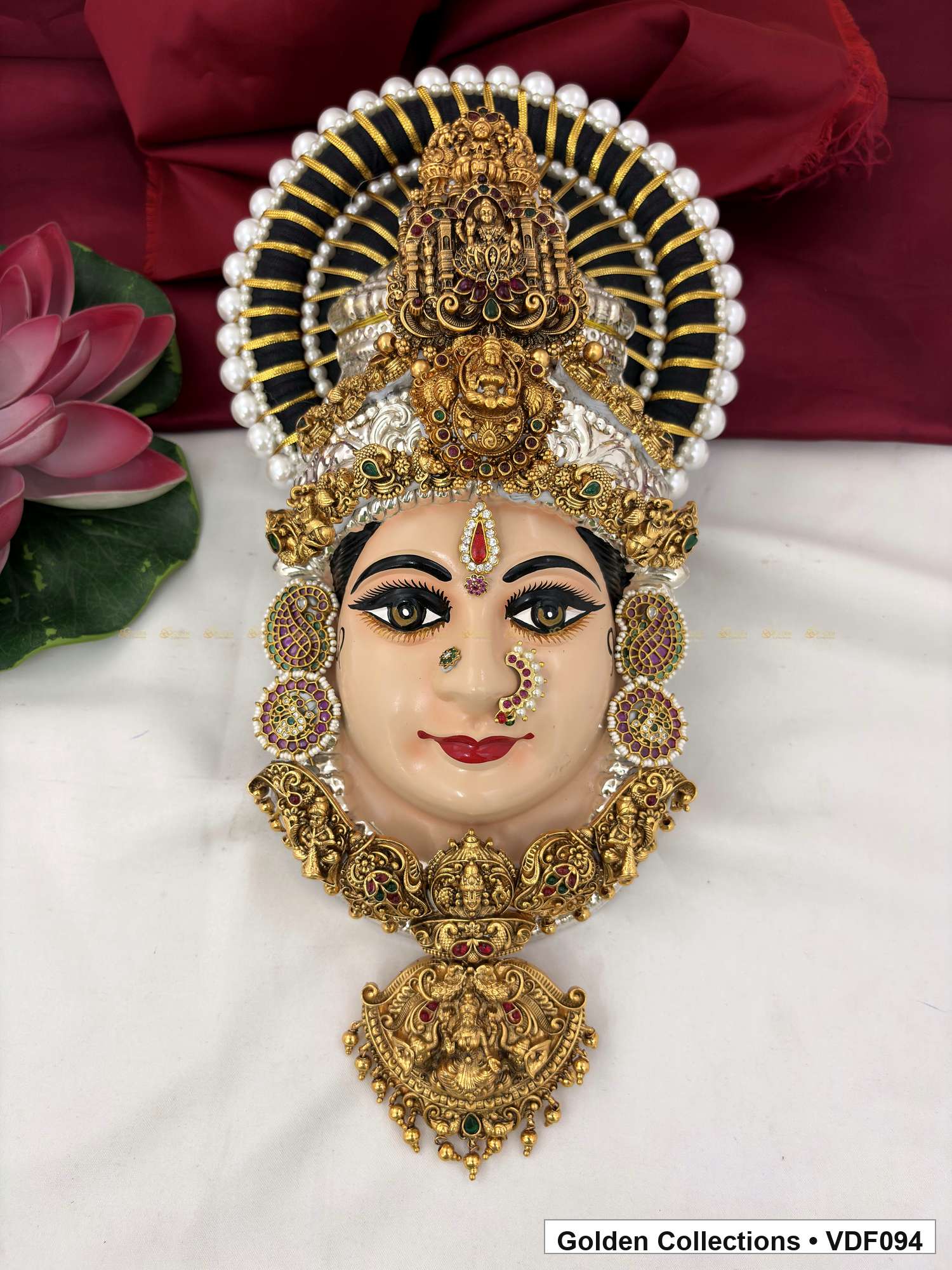 Varalakshmi Tanjore Face with Tall Temple Crown and Large Drop Pendant full front view