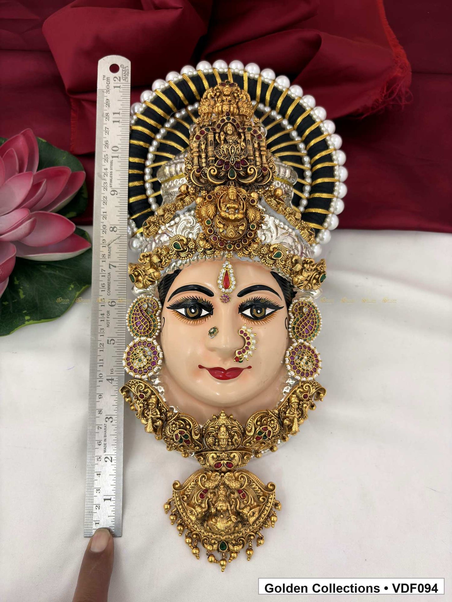 Varalakshmi Tanjore Face with Tall Temple Crown and Large Drop Pendant close-up detail view
