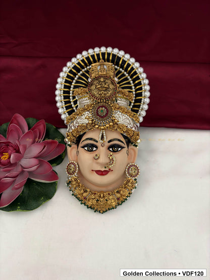 Varalakshmi Tanjore Face with Teardrop Medallion Crown and Broad Floral Necklace full front view
