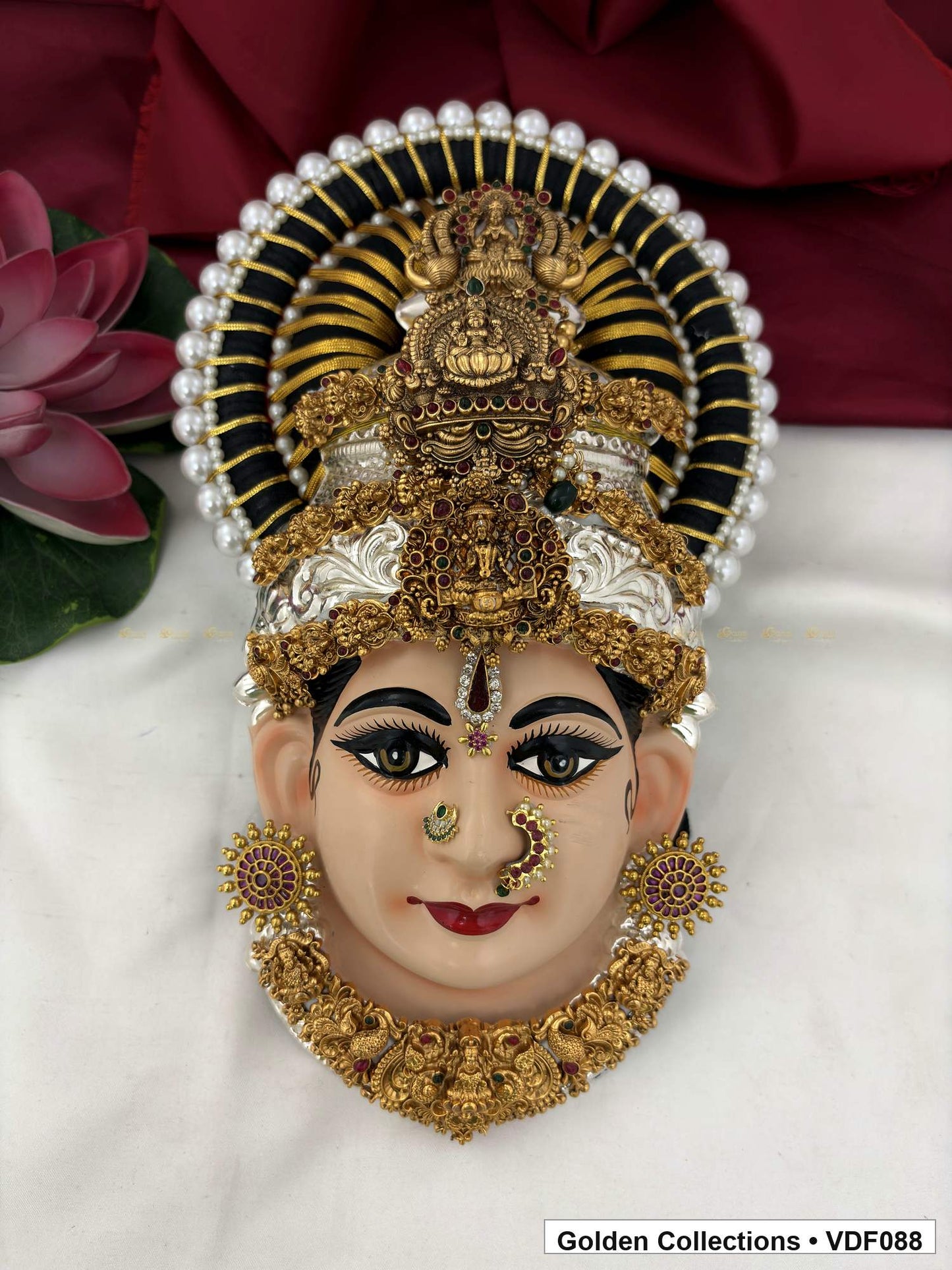 Varalakshmi Tanjore Face with Triple Figure Crown and Sculpted Necklace full front view
