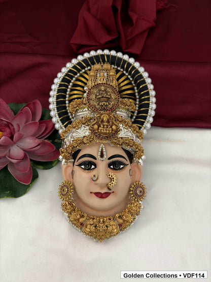 Varalakshmi Tanjore Face with Triple Motif Crown and Floral Collar Necklace full front view