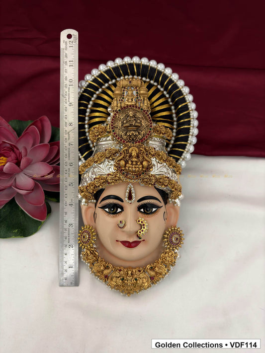 Measurement view of Varalakshmi Tanjore Face with Triple Motif Crown and Floral Collar Necklace with ruler beside the product