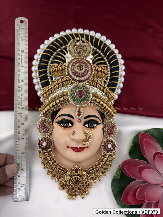 Varalakshmi Tanjore Face with Triple Round Stone Crown 12 Inches close-up showing face, crown and jewellery details