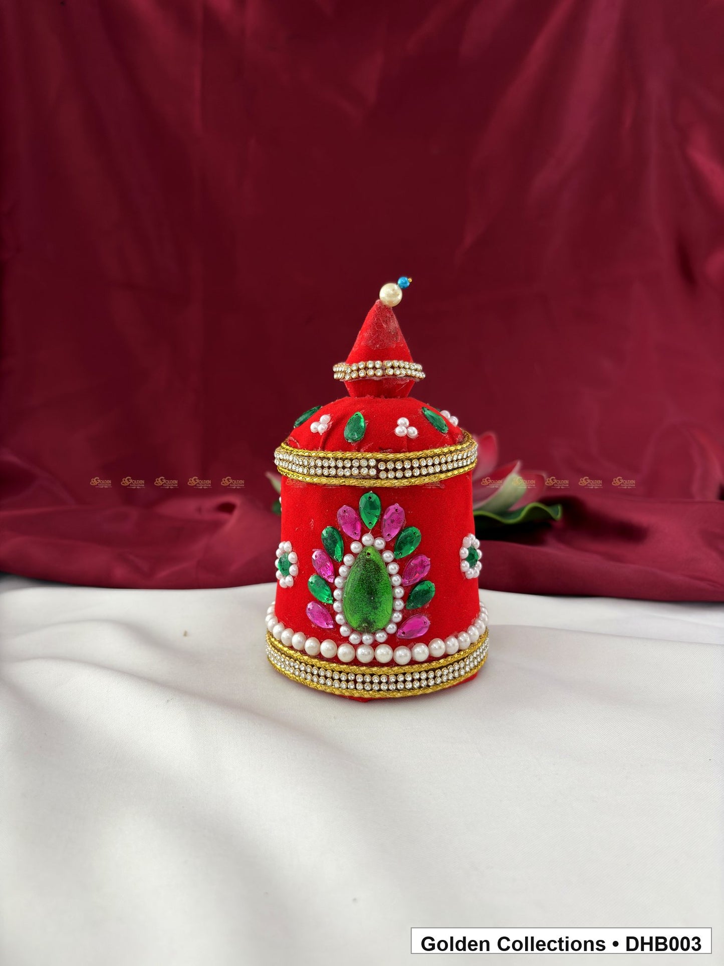 Front view of Velvet Kundan Deity Hair Crown for God and Goddess Idols from Golden Collections