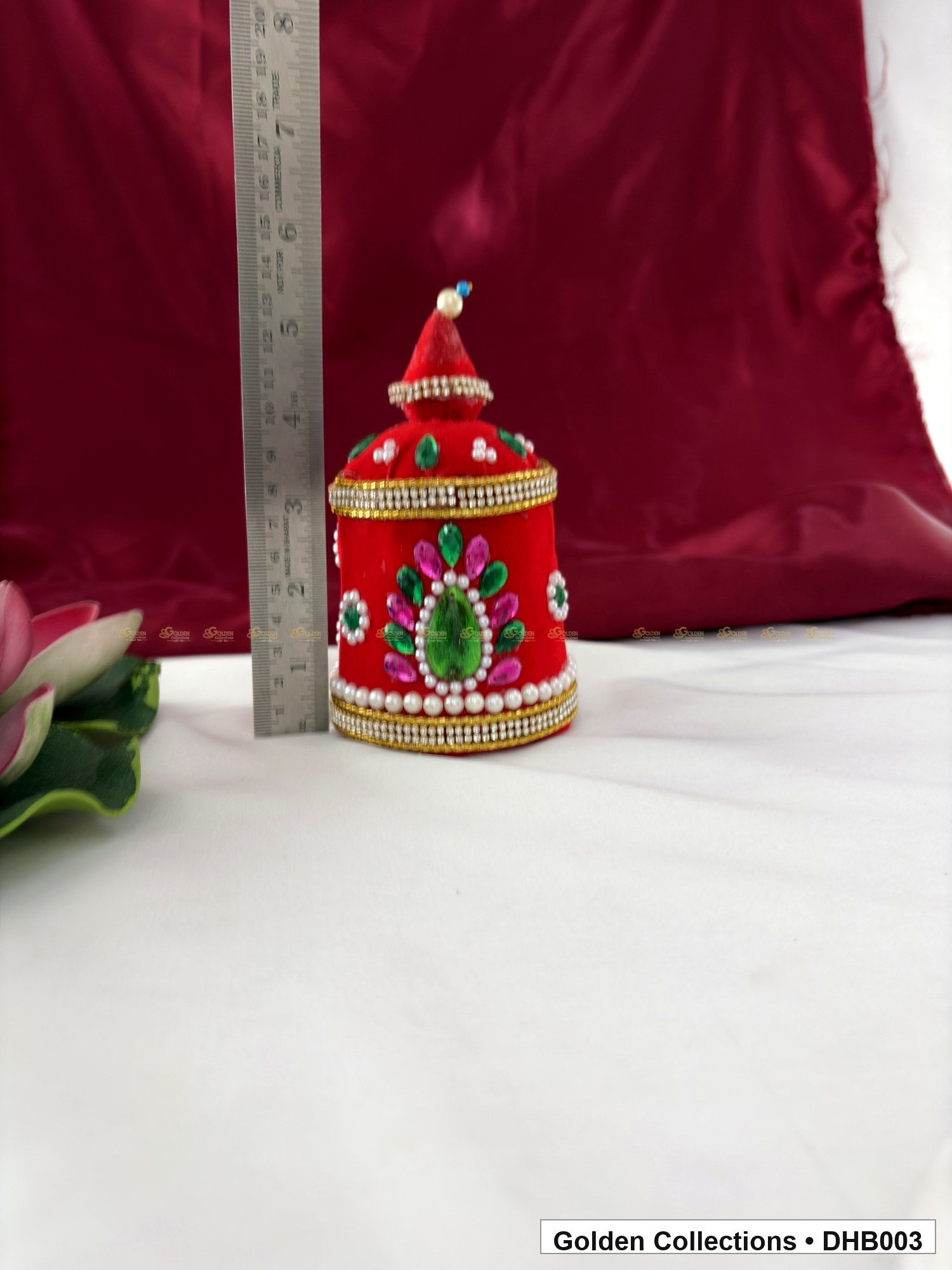 Close-up detail of Velvet Kundan Deity Hair Crown for God and Goddess Idols from Golden Collections