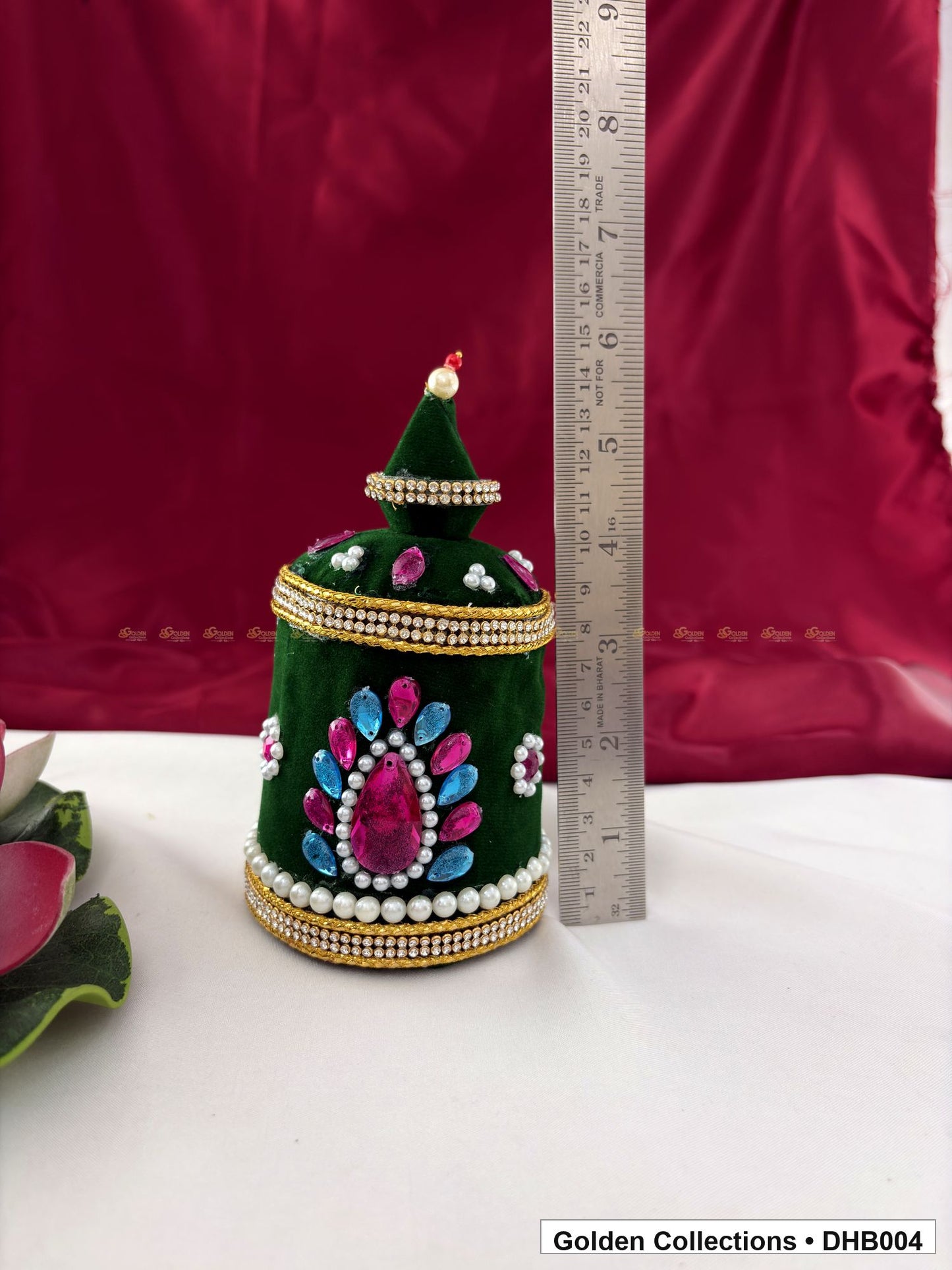 Angled view of Velvet Kundan Deity Hair Crown for God and Goddess Idols from Golden Collections