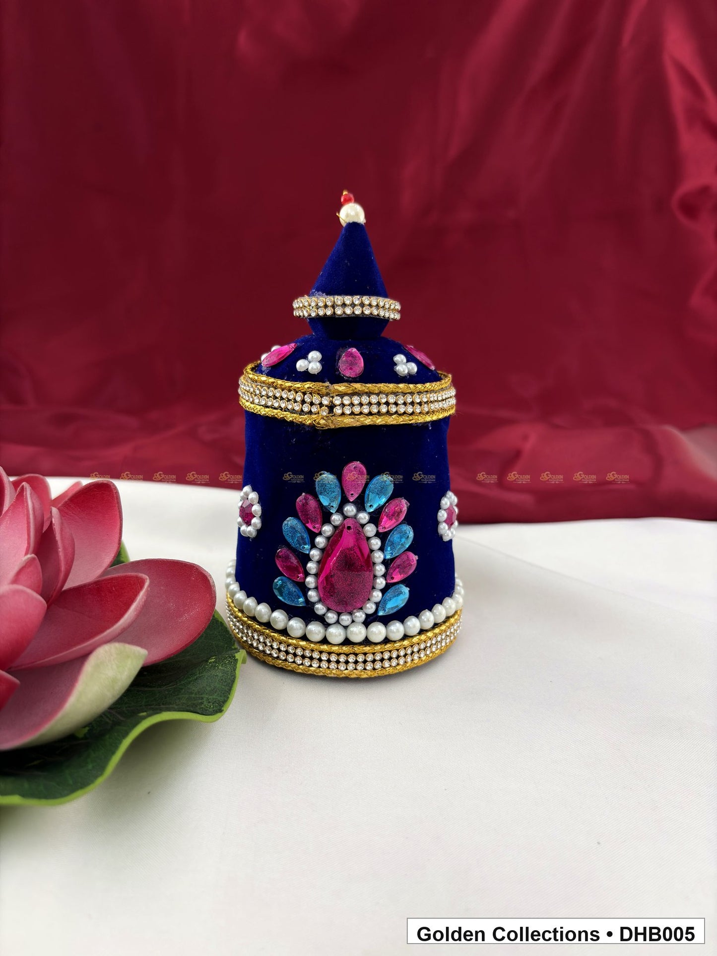 Front view of Velvet Kundan Deity Hair Crown for God and Goddess Idols from Golden Collections