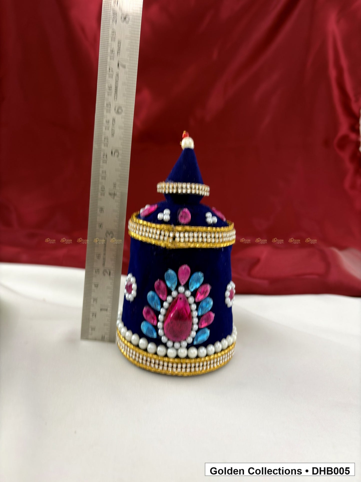 Angled view of Velvet Kundan Deity Hair Crown for God and Goddess Idols from Golden Collections