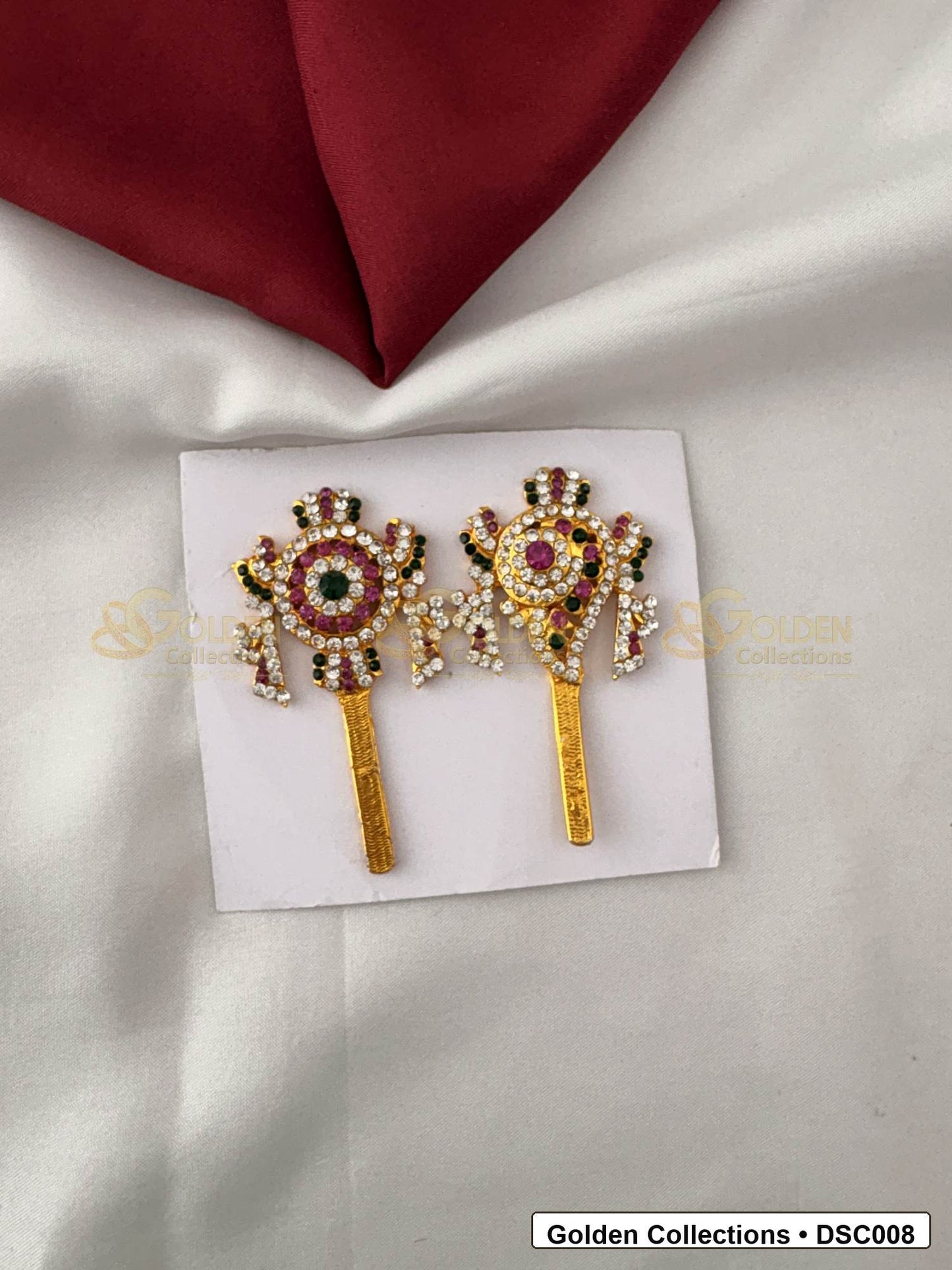 Vishnu Shanku Chakra Pair with Stone Work for Idol Alankaram front view showing 2.5 x 1.25 Inches variant for Vishnu idol alankaram