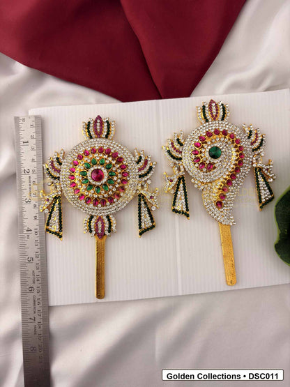 Measurement photo showing 6.5 x 4 Inches shanku chakra pair with ruler for Vishnu idol alankaram