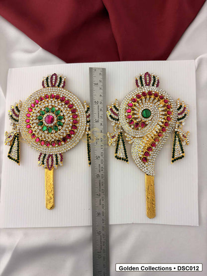 Measurement photo showing 8 x 4.75 Inches shanku chakra pair with ruler for Vishnu idol alankaram