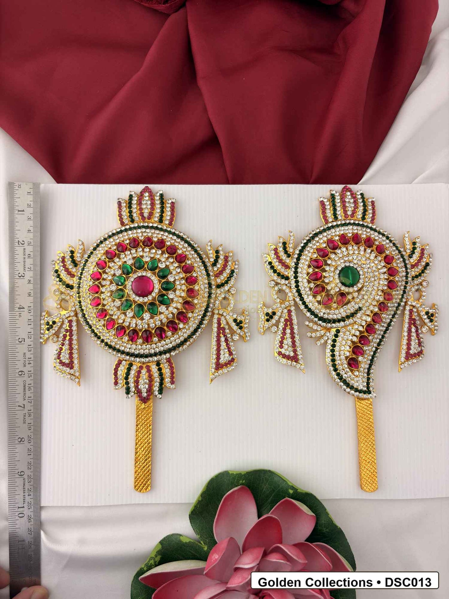 Measurement photo showing 10 x 6 Inches shanku chakra pair with ruler for Vishnu idol alankaram