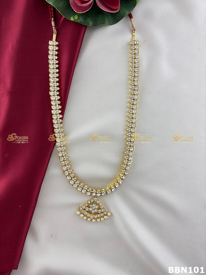 White stone mango long haram temple jewellery necklace for Bharatanatyam and Kuchipudi arangetram