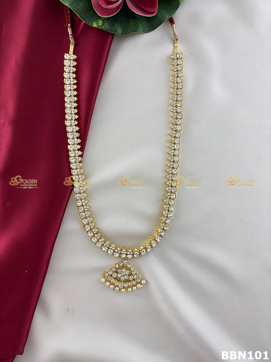 White stone mango long haram temple jewellery necklace for Bharatanatyam and Kuchipudi arangetram