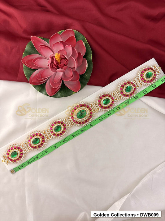Front view of Wide Deity Waist Belt Vaddanam for Idols showing gold-plated vaddanam-style waist belt design with stone detailing