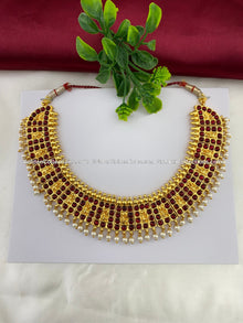 Bharatanatyam short necklace with red, green and clear stones with white pearl drops BSN-010