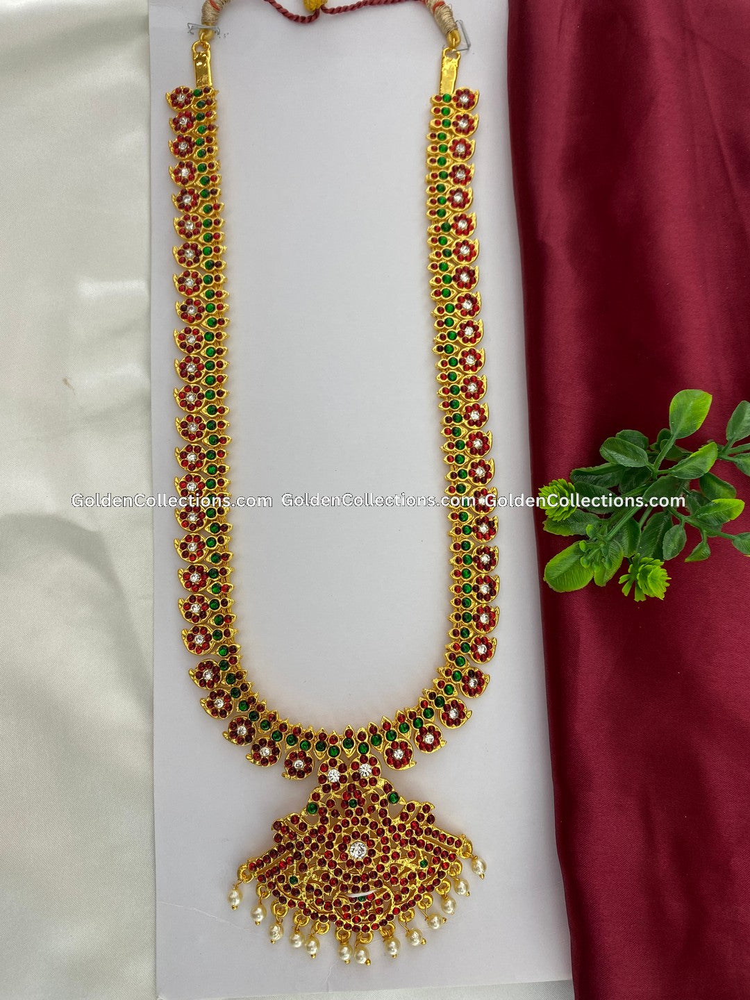 Bharatanatyam long haram with red, green and clear stones BLN-024