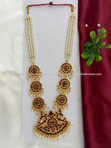Bharatanatyam long haram with red, green and clear stones BLN-004