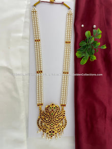 Bharatanatyam long haram with red, green and clear stones BLN-002