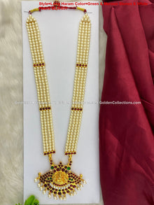 Bharatanatyam long haram with red, green and clear stones BLN-031